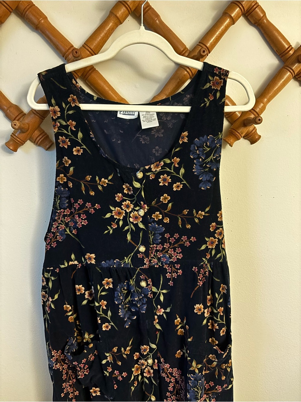 Vintage Corduroy Black Floral Button-Front Dress